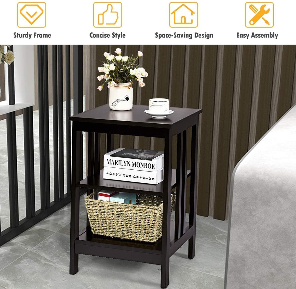 Set of 2 3 Tier Nightstands with Reinforced Side Bars, Dark Brown