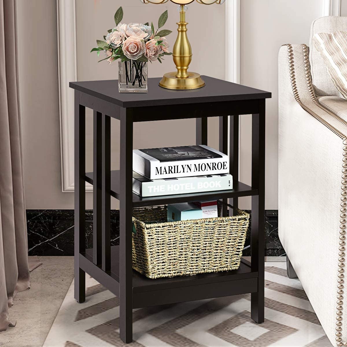 Set of 2 3 Tier Nightstands with Reinforced Side Bars, Dark Brown