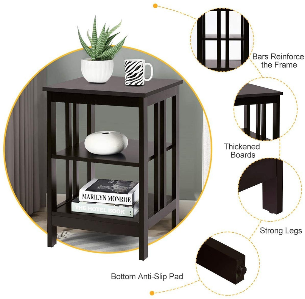 Set of 2 3 Tier Nightstands with Reinforced Side Bars, Dark Brown