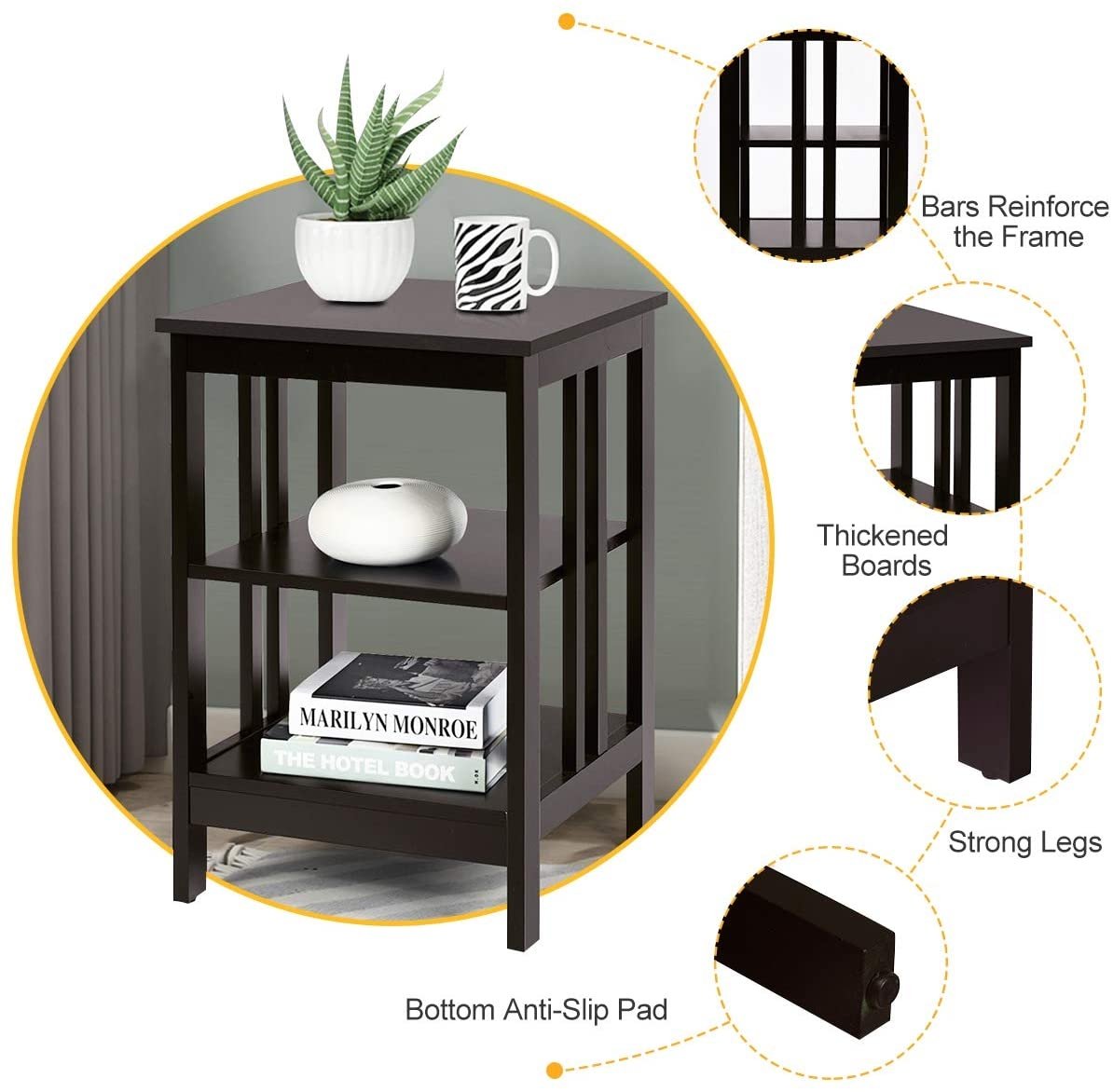 Set of 2 3 Tier Nightstands with Reinforced Side Bars, Dark Brown