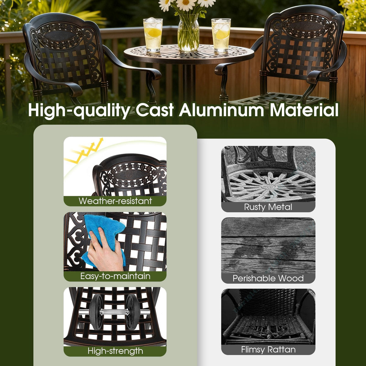 Set of 2 Outdoor Bar Stool 25.5 Inch Counter Height Cast Aluminum Bar Chairs-Copper