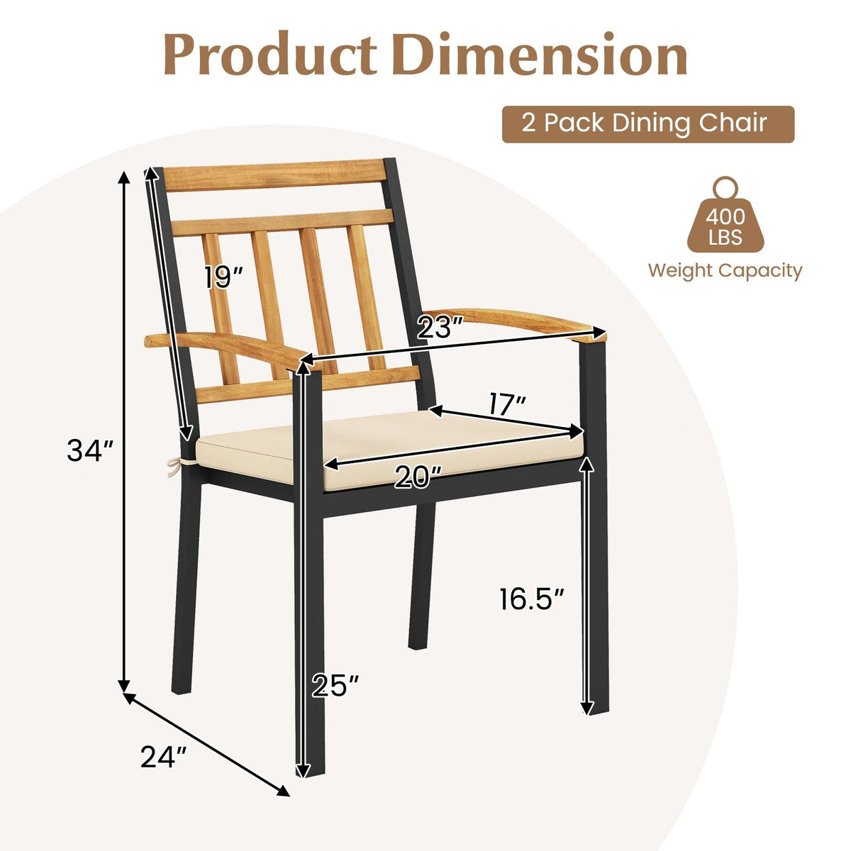 Set of 2 Patio Dining Chairs with Removable Padded Cushions-17 Inches