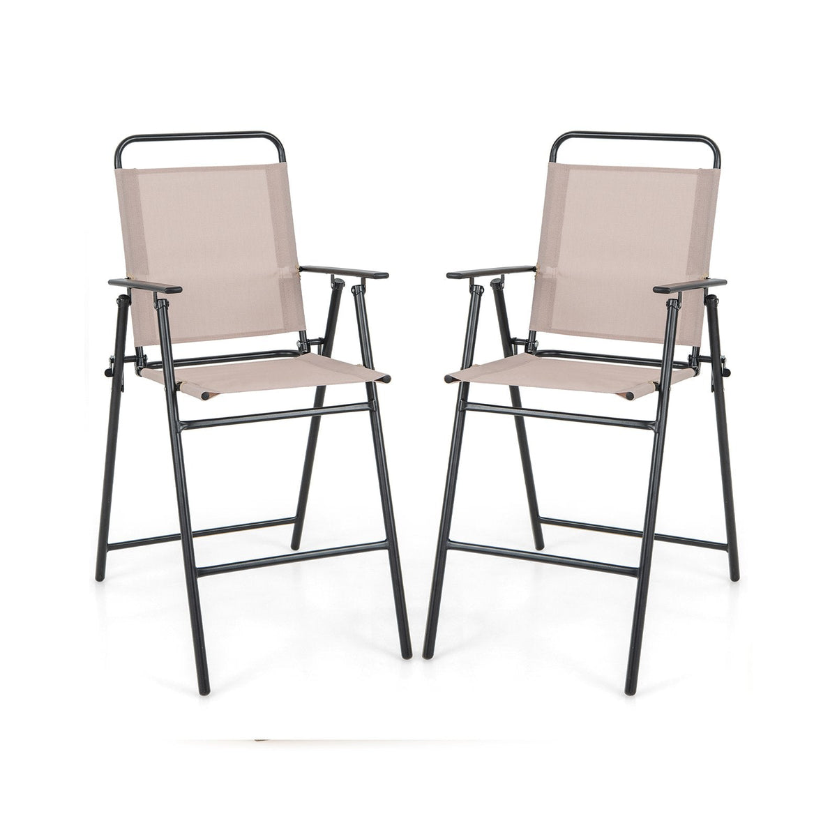 Set of 2 Patio Folding Bar-Height Chairs with Armrests and Quick-Drying Seat-Beige