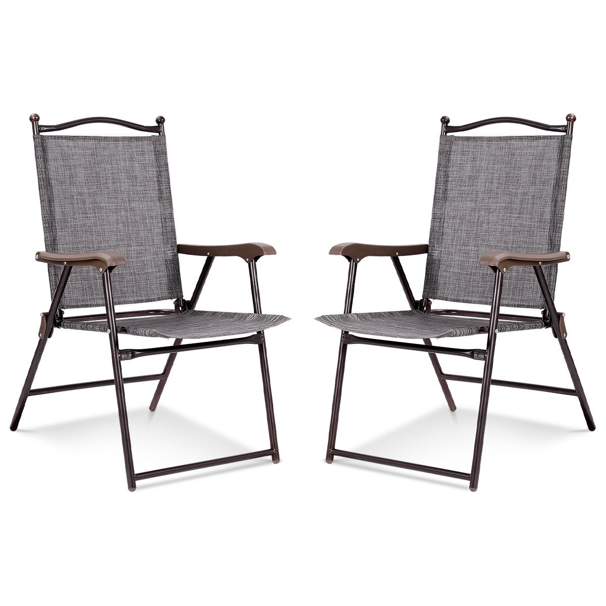 Set of 2 Patio Folding Sling Back Camping Deck Chairs-Gray