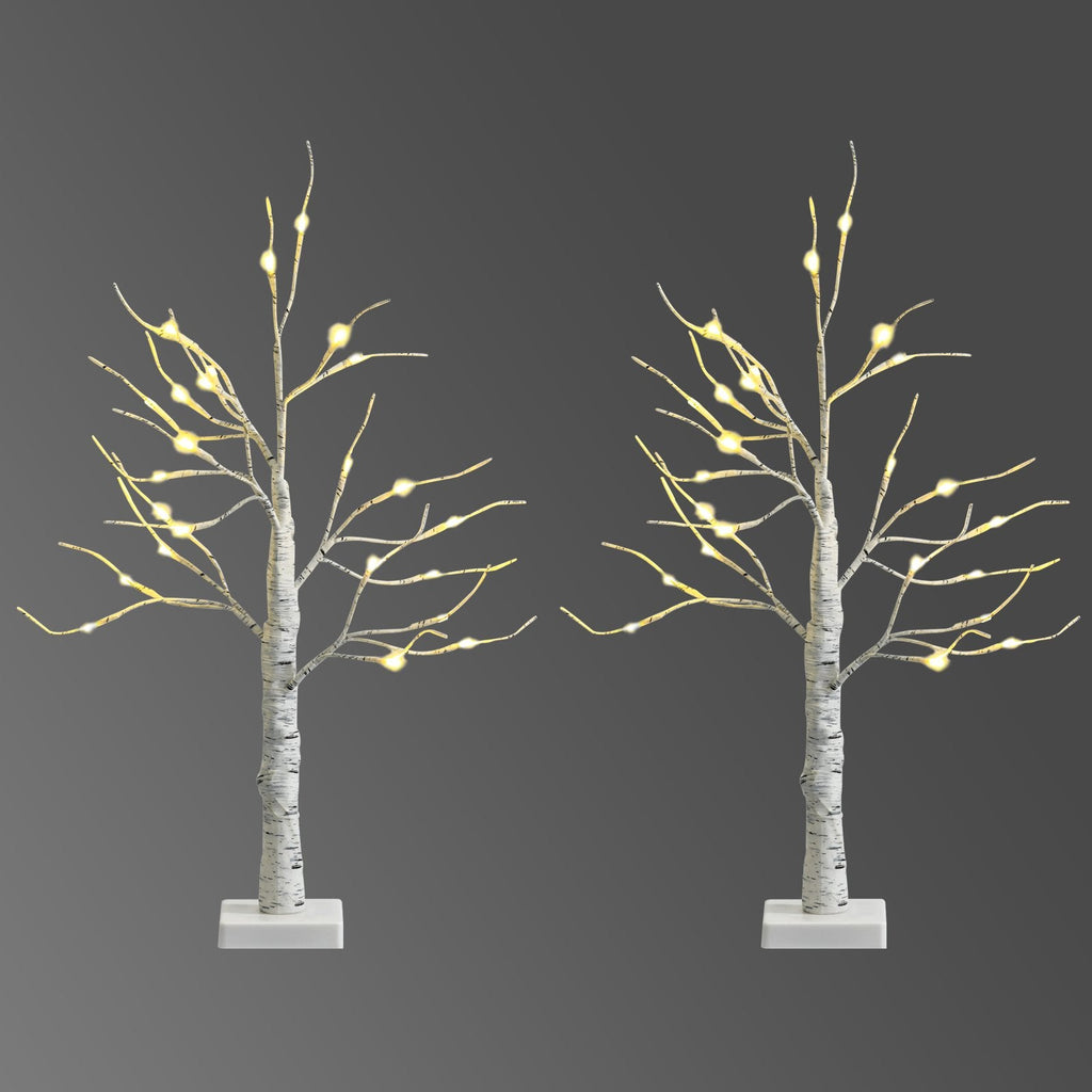 Set of 2 Mini White Birch Twig Trees, 24 Inch Battery Powered with 24 LEDs Each