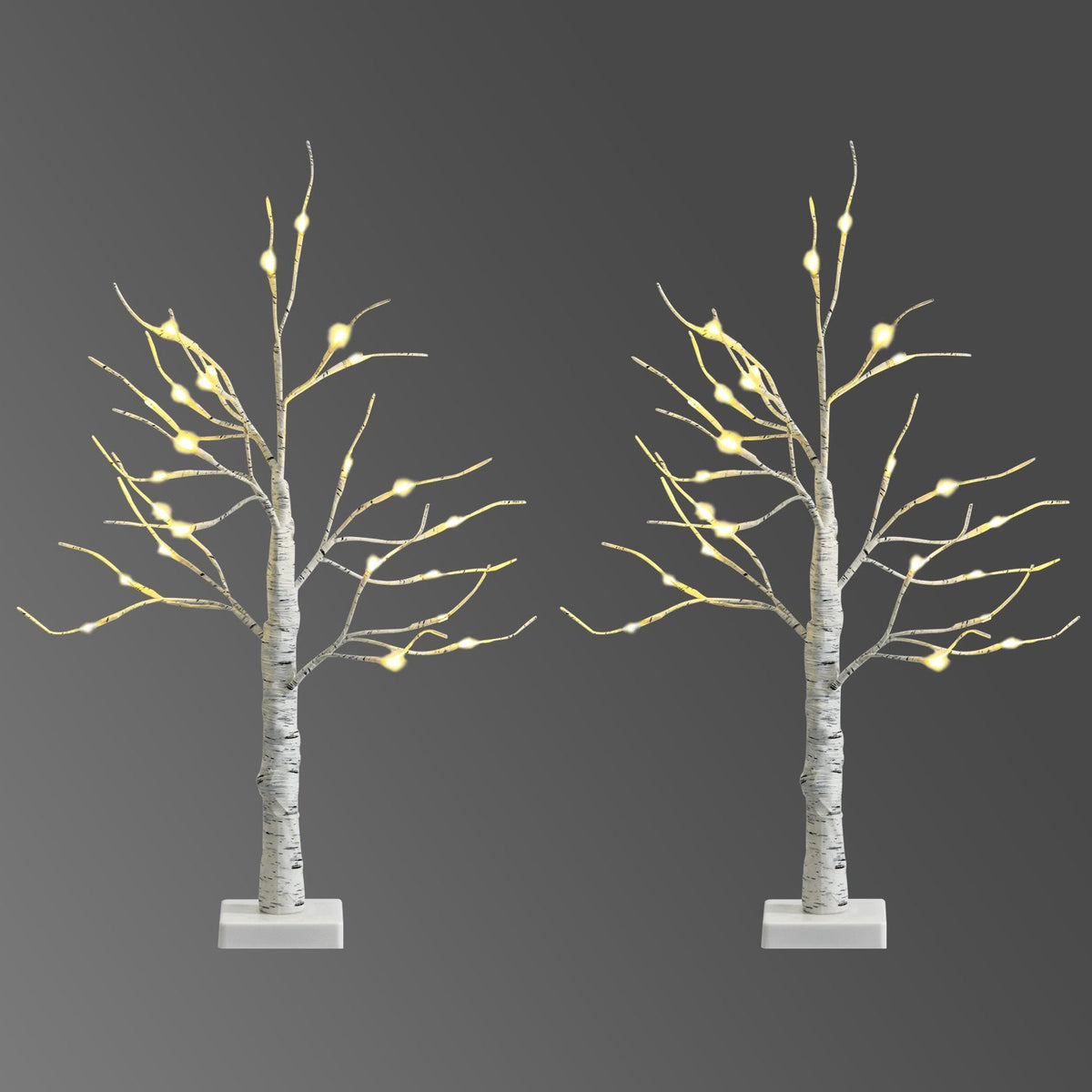Set of 2 Mini White Birch Twig Trees, 24 Inch Battery Powered with 24 LEDs Each