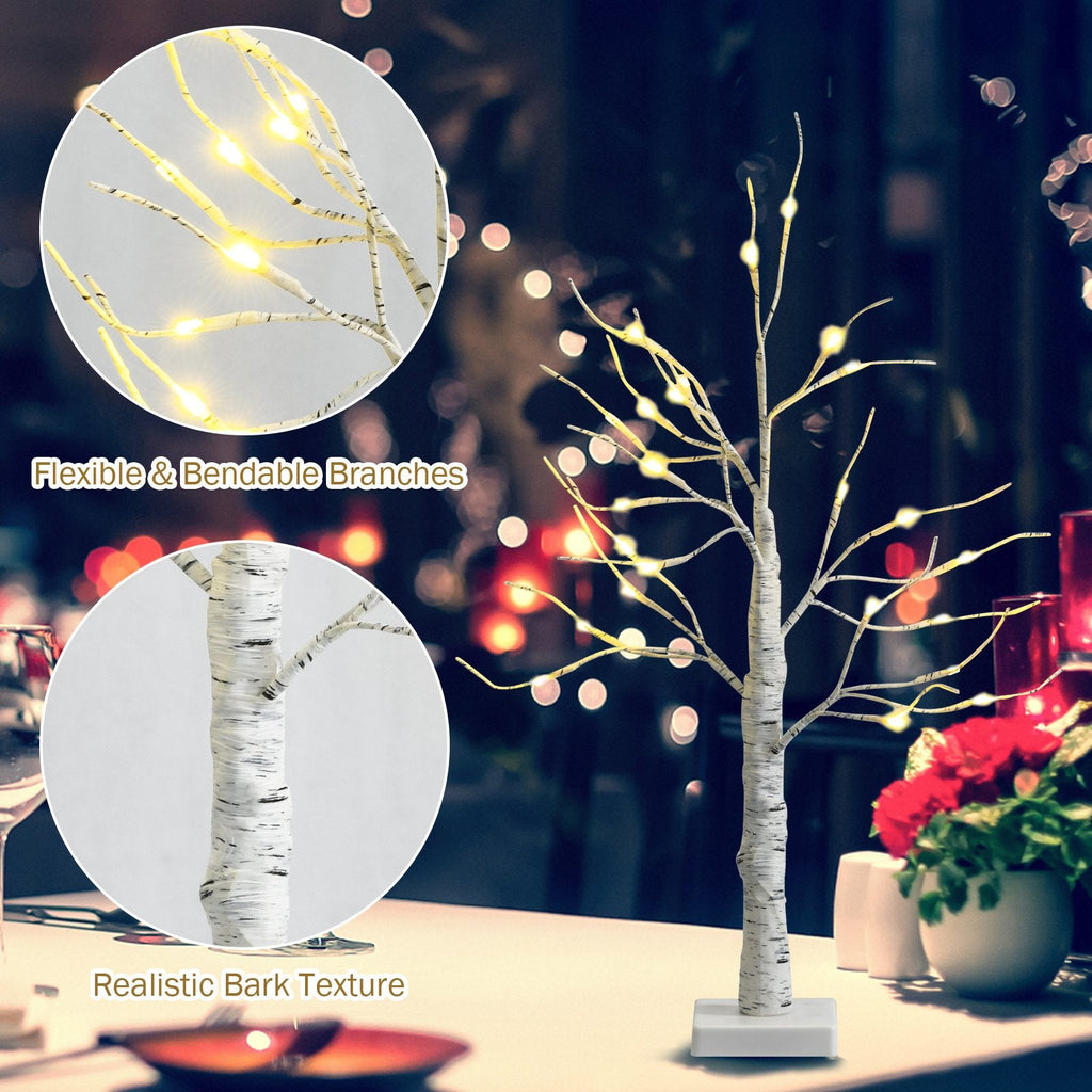 Set of 2 Mini White Birch Twig Trees, 24 Inch Battery Powered with 24 LEDs Each