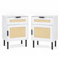 Set of 2 Rattan Nightstand with Drawer and Storage Cabinet for Bedroom Dorm-White