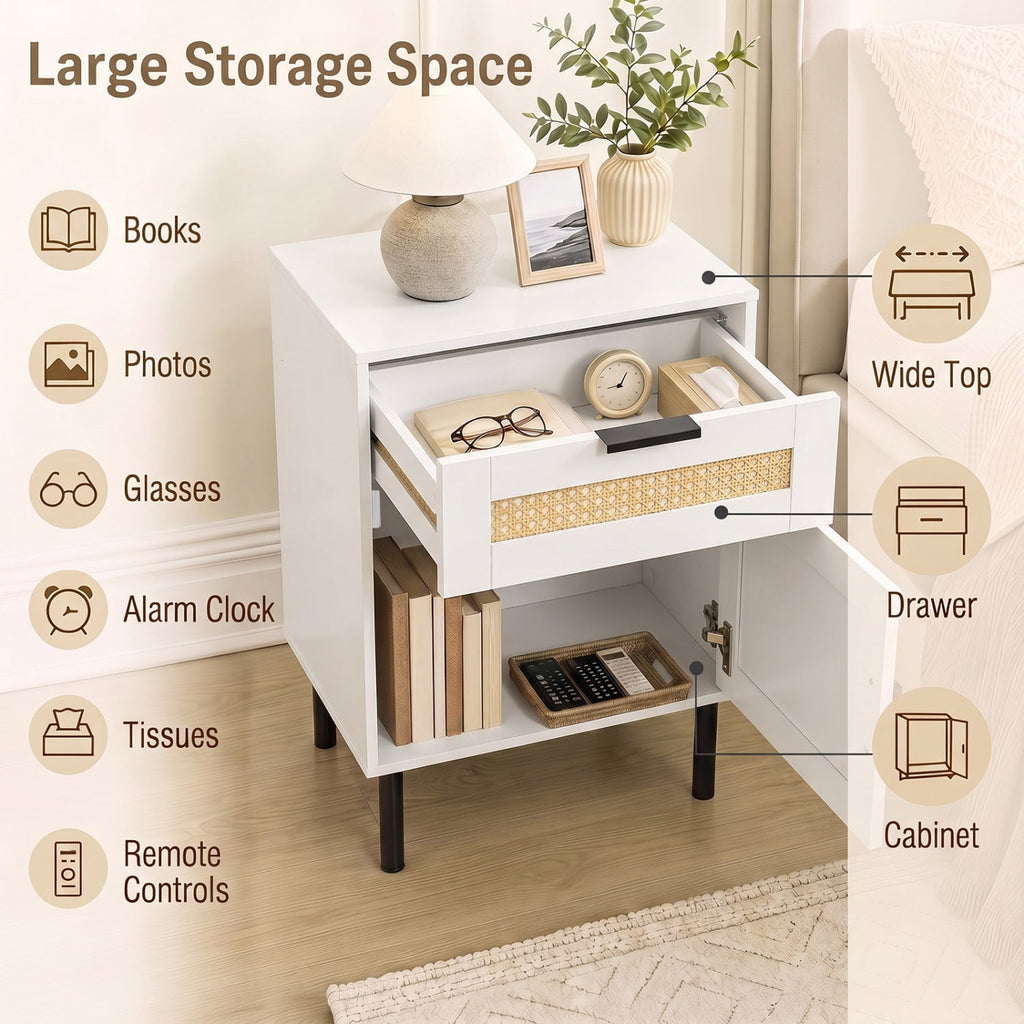 Set of 2 Rattan Nightstand with Drawer and Storage Cabinet for Bedroom Dorm-White