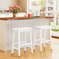 Set of 2 Backless Saddle Counter Stools in White Painted Wood, 24 Inch Seat Height