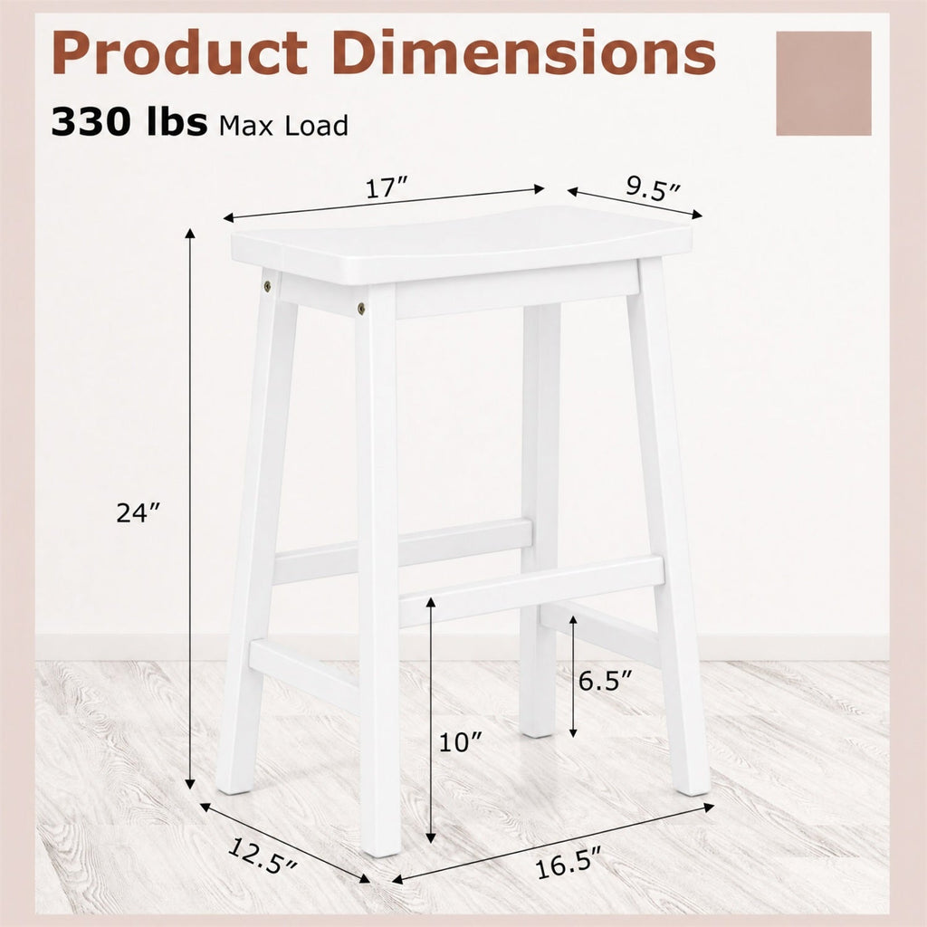 Set of 2 Backless Saddle Counter Stools in White Painted Wood, 24 Inch Seat Height