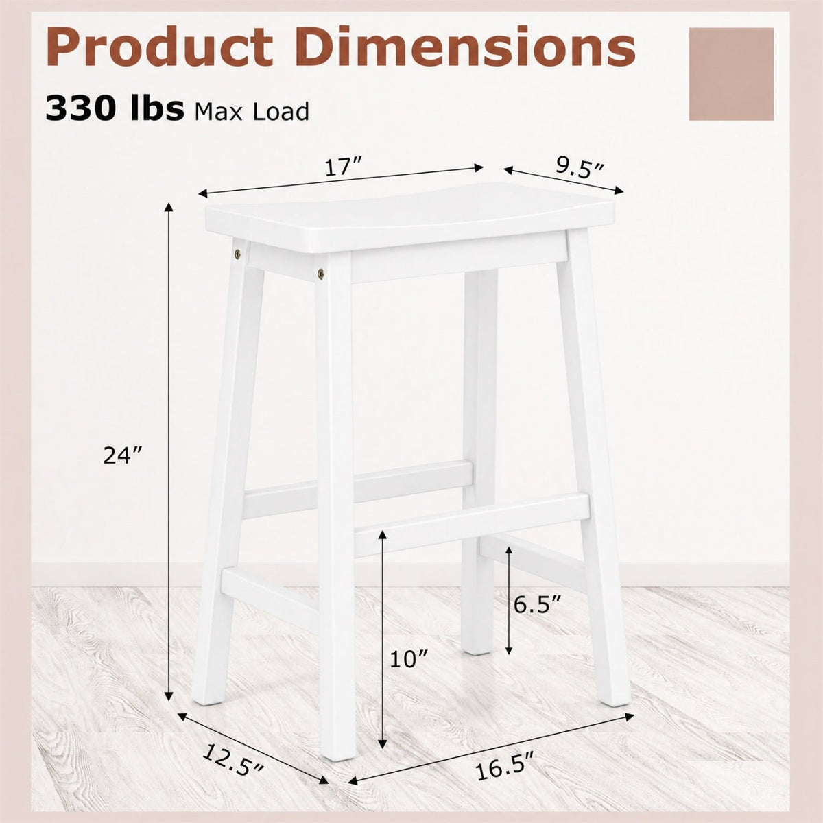 Set of 2 Backless Saddle Counter Stools in White Painted Wood, 24 Inch Seat Height