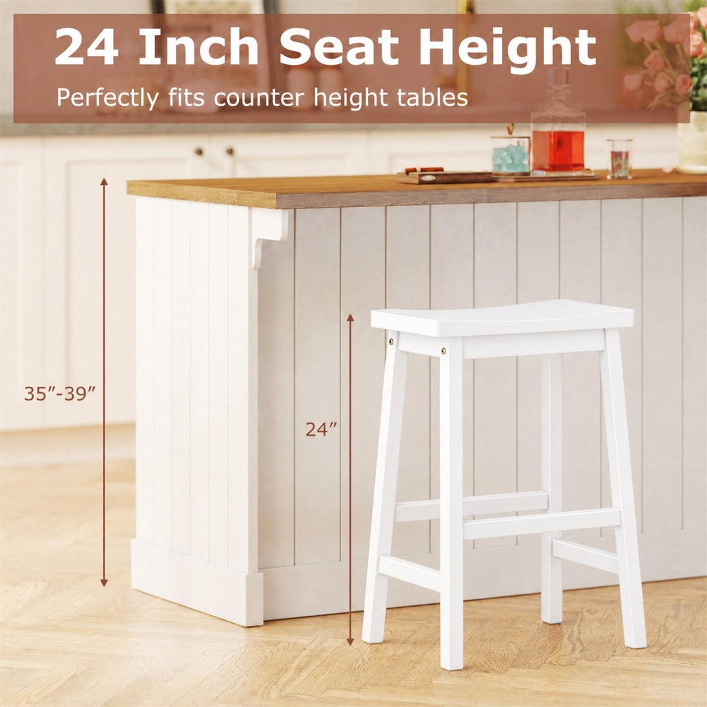 Set of 2 Backless Saddle Counter Stools in White Painted Wood, 24 Inch Seat Height
