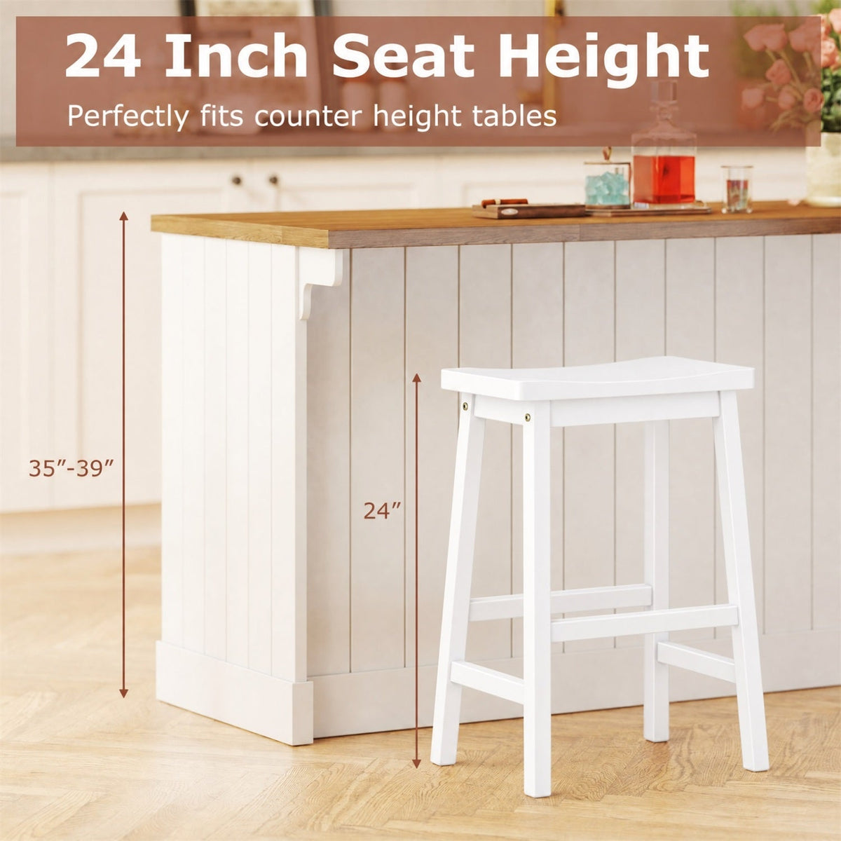 Set of 2 Backless Saddle Counter Stools in White Painted Wood, 24 Inch Seat Height