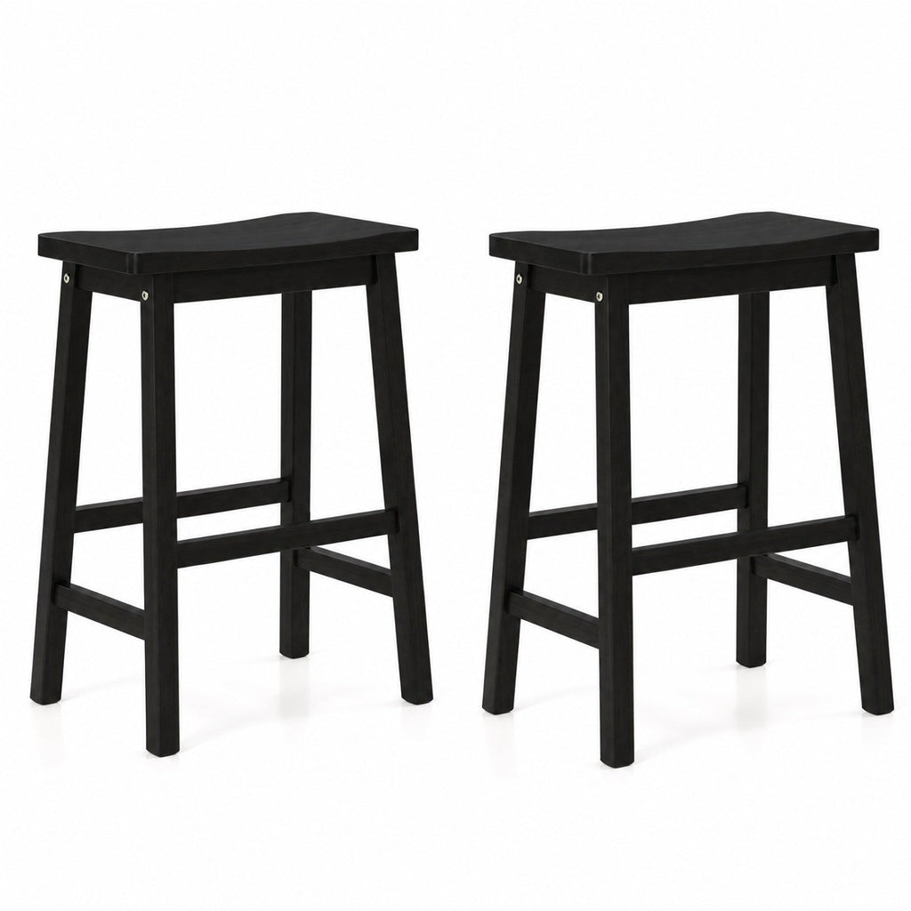 Set of 2 Backless Saddle Counter Stools in Black Painted Wood, 24 Inch Seat Height