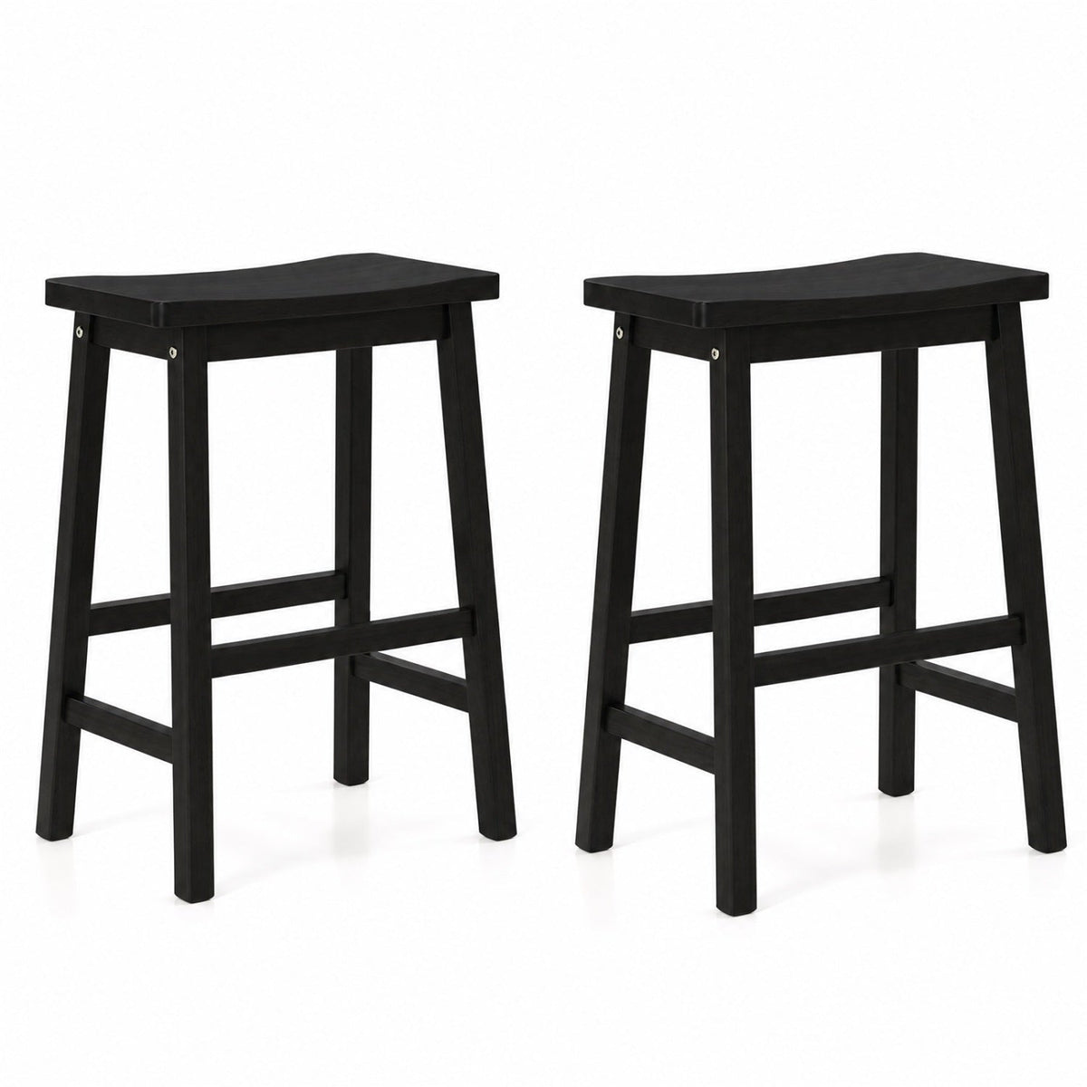 Set of 2 Backless Saddle Counter Stools in Black Painted Wood, 24 Inch Seat Height