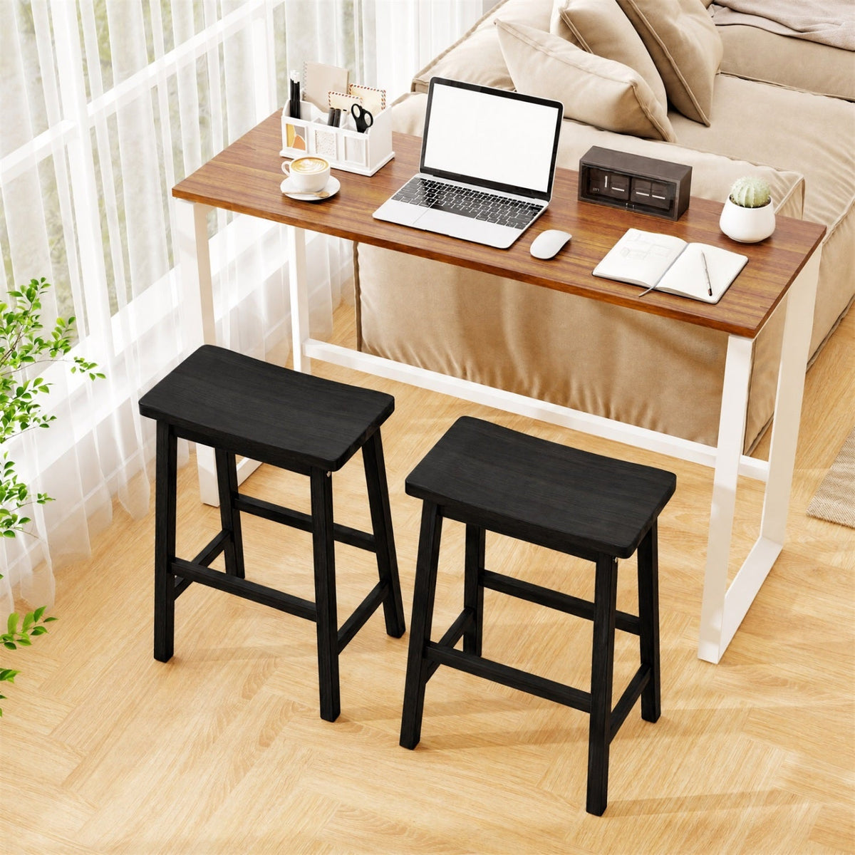 Set of 2 Backless Saddle Counter Stools in Black Painted Wood, 24 Inch Seat Height