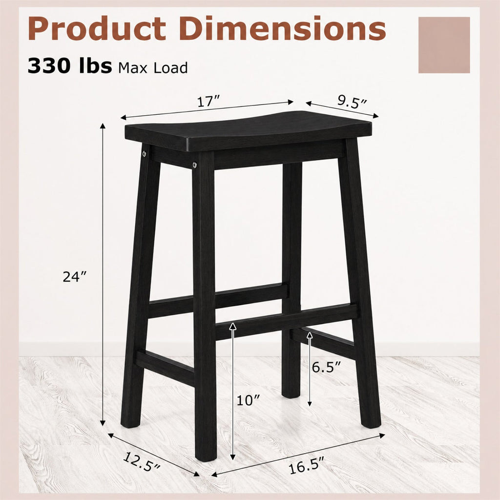 Set of 2 Backless Saddle Counter Stools in Black Painted Wood, 24 Inch Seat Height