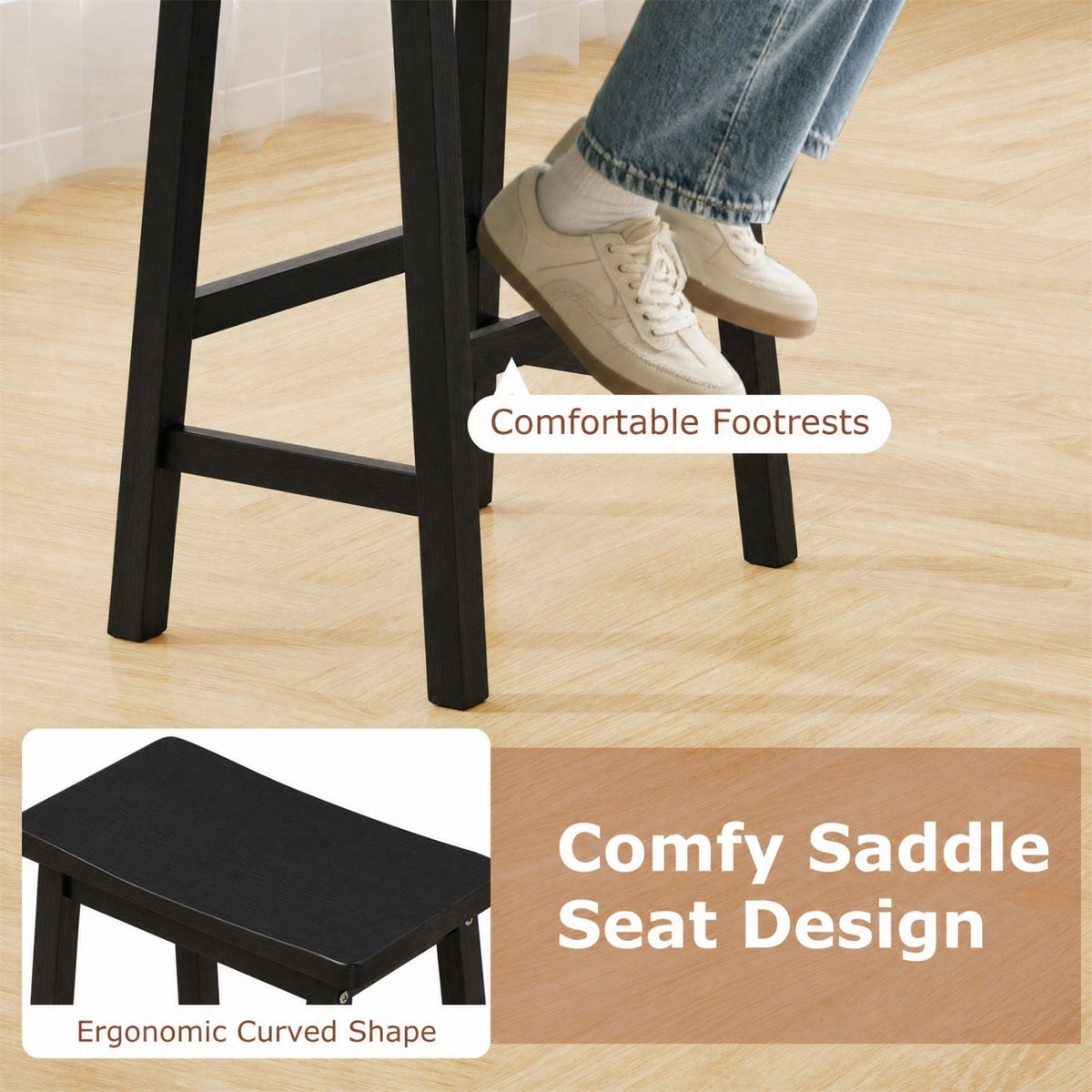 Set of 2 Backless Saddle Counter Stools in Black Painted Wood, 24 Inch Seat Height