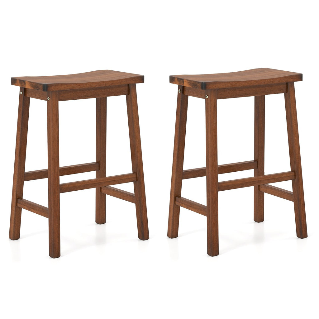 Set of 2 Backless Saddle Counter Stools in Walnut Stained Wood, 24 Inch Seat Height