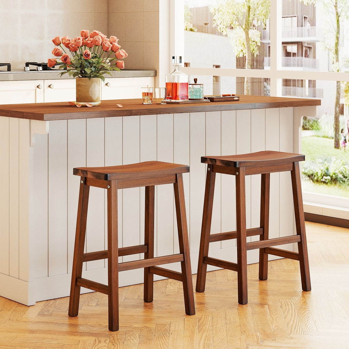 Set of 2 Backless Saddle Counter Stools in Walnut Stained Wood, 24 Inch Seat Height