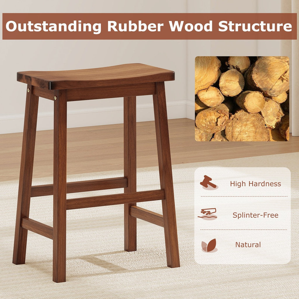 Set of 2 Backless Saddle Counter Stools in Walnut Stained Wood, 24 Inch Seat Height