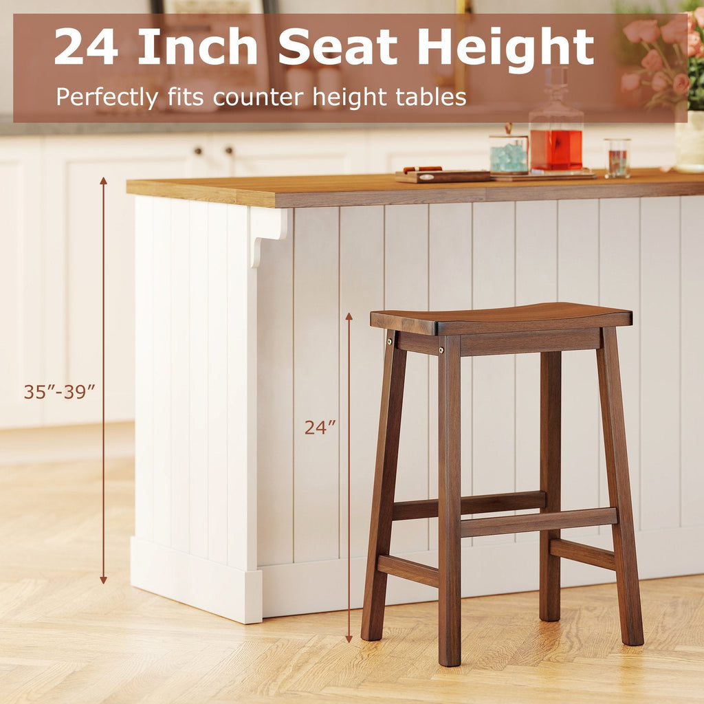 Set of 2 Backless Saddle Counter Stools in Walnut Stained Wood, 24 Inch Seat Height