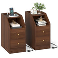 Set of 2 Side End Tables with Charging Station Sofa Couch Tables with Shelf Drawers-Walnut