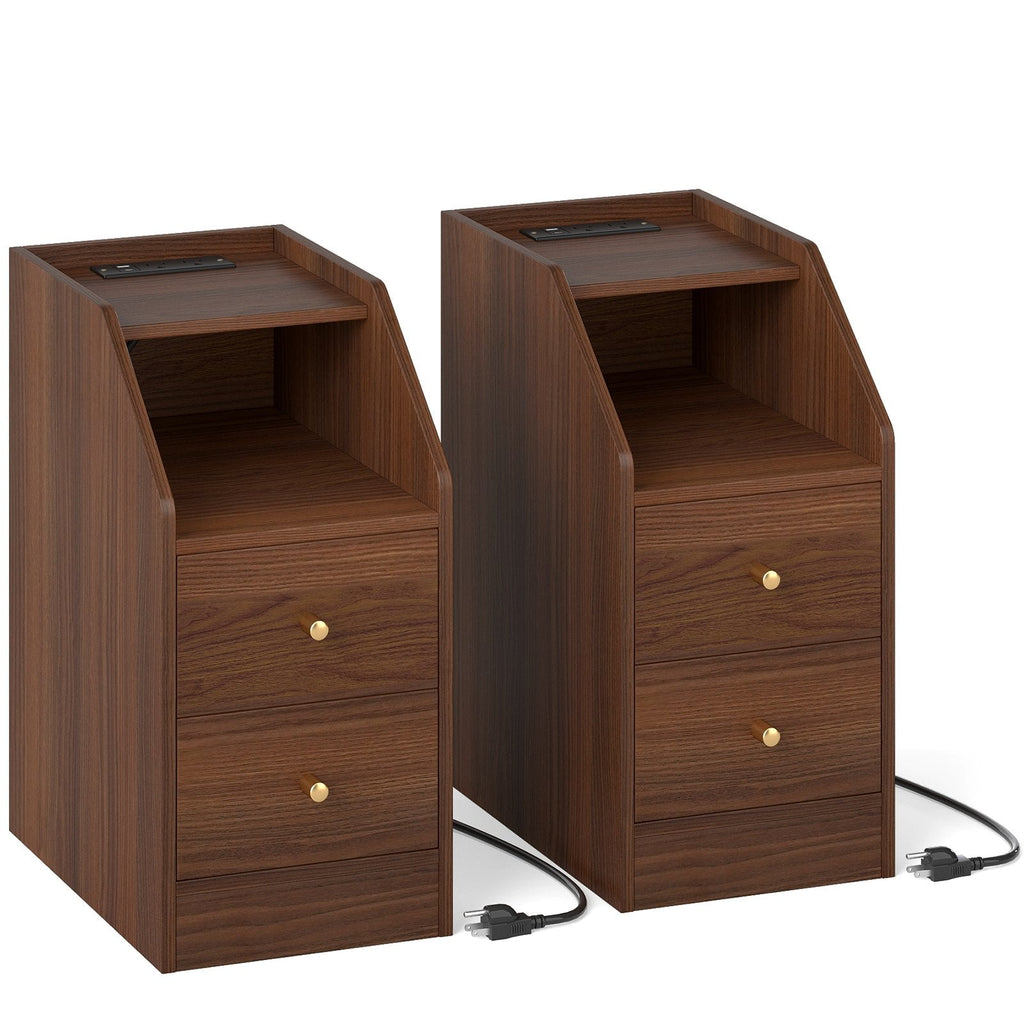 Set of 2 Side End Tables with Charging Station Sofa Couch Tables with Shelf Drawers-Walnut