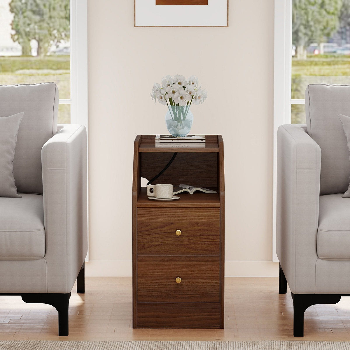Set of 2 Side End Tables with Charging Station Sofa Couch Tables with Shelf Drawers-Walnut