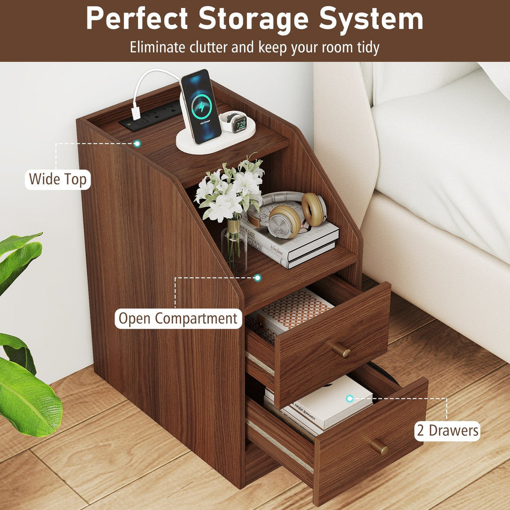 Set of 2 Side End Tables with Charging Station Sofa Couch Tables with Shelf Drawers-Walnut
