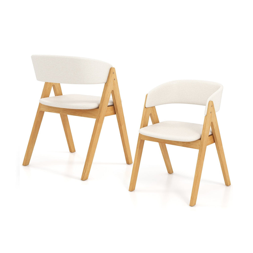 Set of 2 Padded Dining Chairs with Wrap Around Curved Back, Natural Rubber Wood and Beige