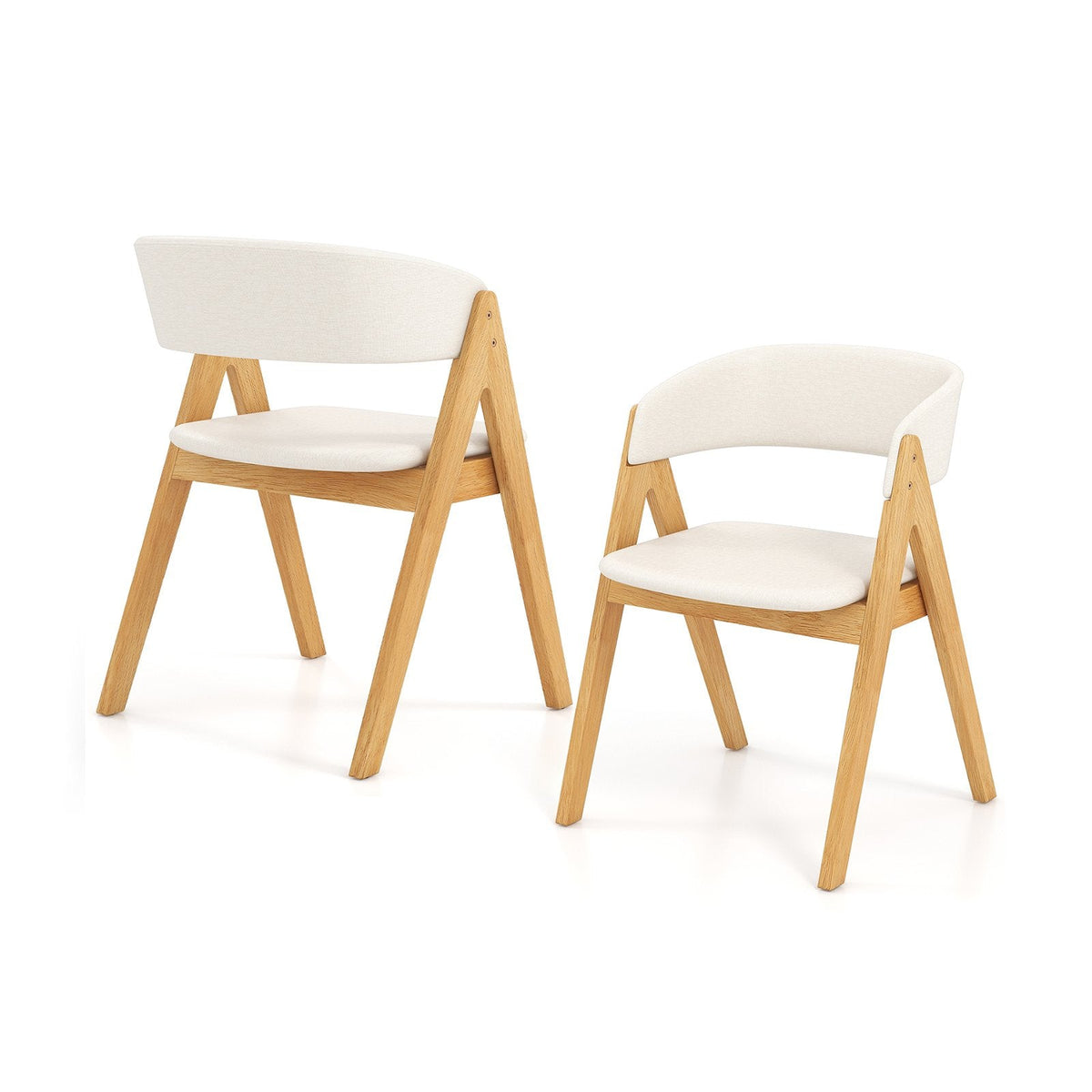 Set of 2 Padded Dining Chairs with Wrap Around Curved Back, Natural Rubber Wood and Beige