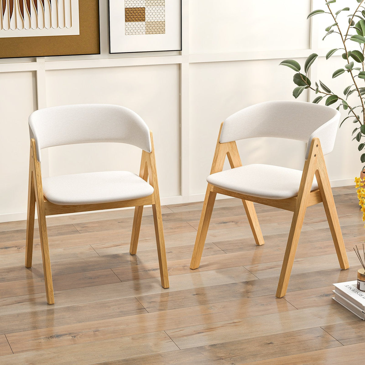 Set of 2 Padded Dining Chairs with Wrap Around Curved Back, Natural Rubber Wood and Beige
