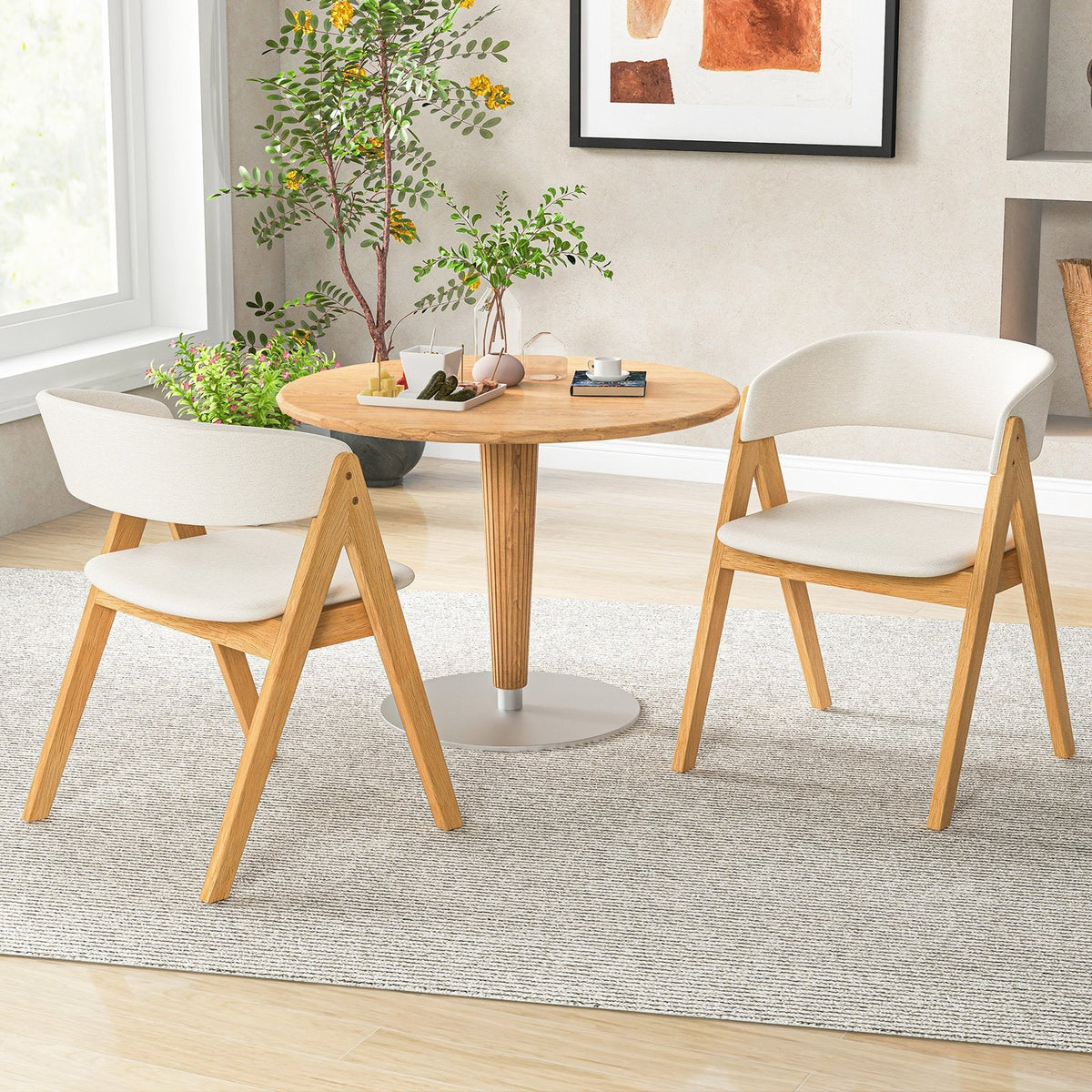 Set of 2 Padded Dining Chairs with Wrap Around Curved Back, Natural Rubber Wood and Beige