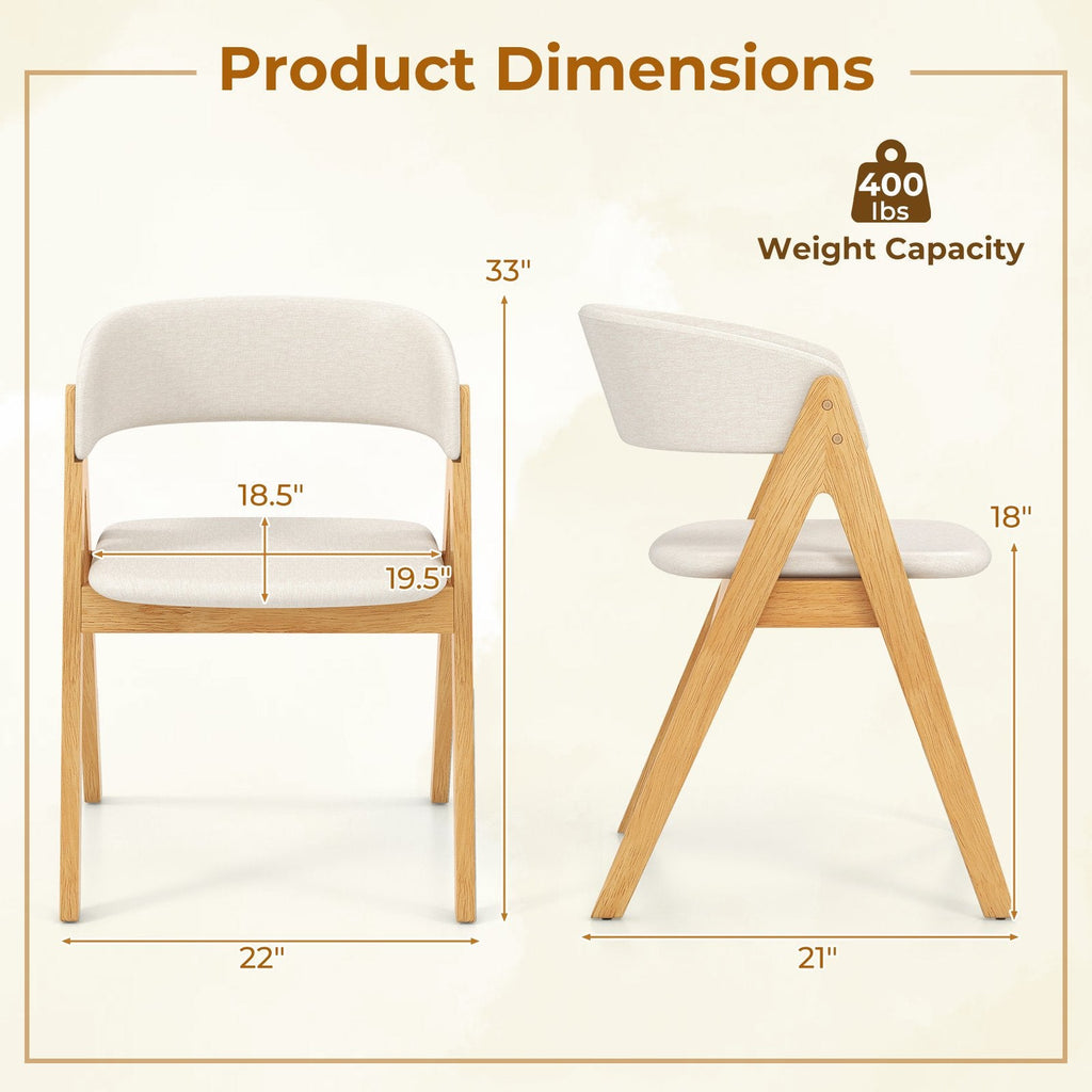 Set of 2 Padded Dining Chairs with Wrap Around Curved Back, Natural Rubber Wood and Beige