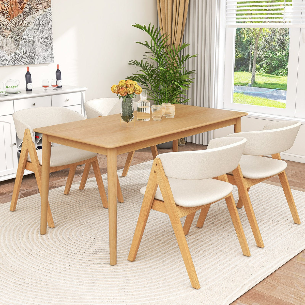 Set of 2 Padded Dining Chairs with Wrap Around Curved Back, Natural Rubber Wood and Beige