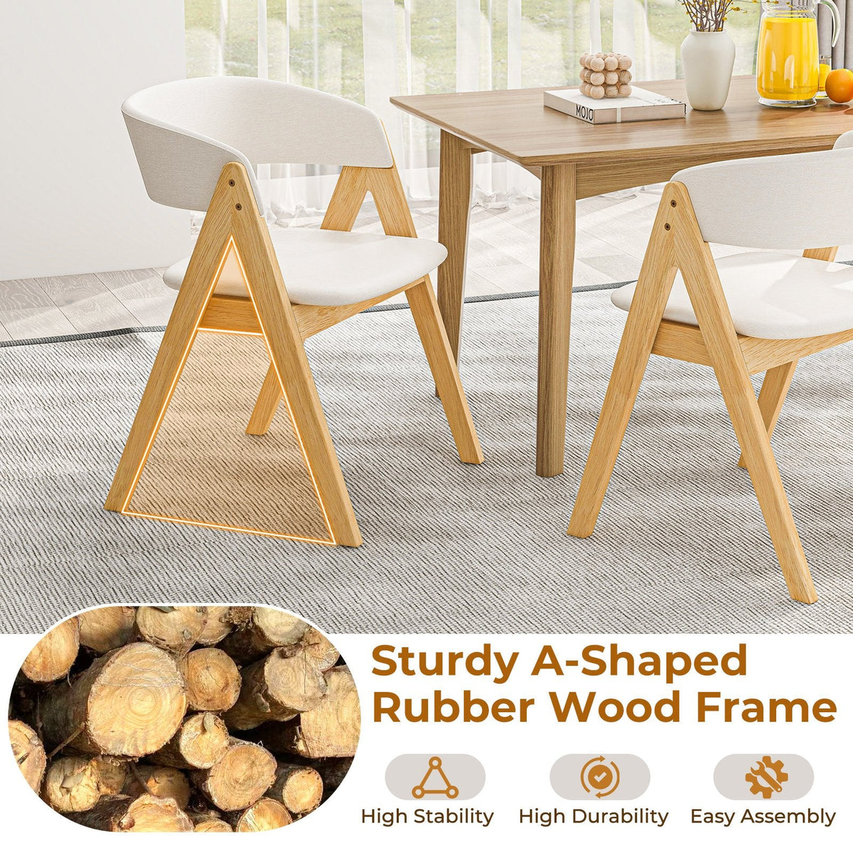 Set of 2 Padded Dining Chairs with Wrap Around Curved Back, Natural Rubber Wood and Beige