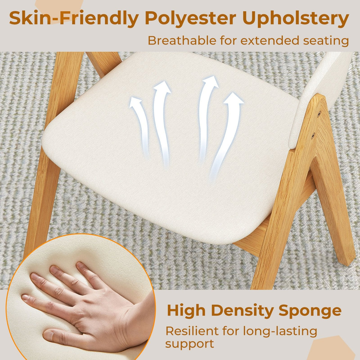 Set of 2 Padded Dining Chairs with Wrap Around Curved Back, Natural Rubber Wood and Beige