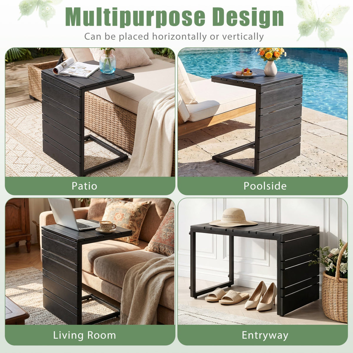 Set of 2 Space-Saving C-Shaped Side Table with Wood-Plastic Top-Black