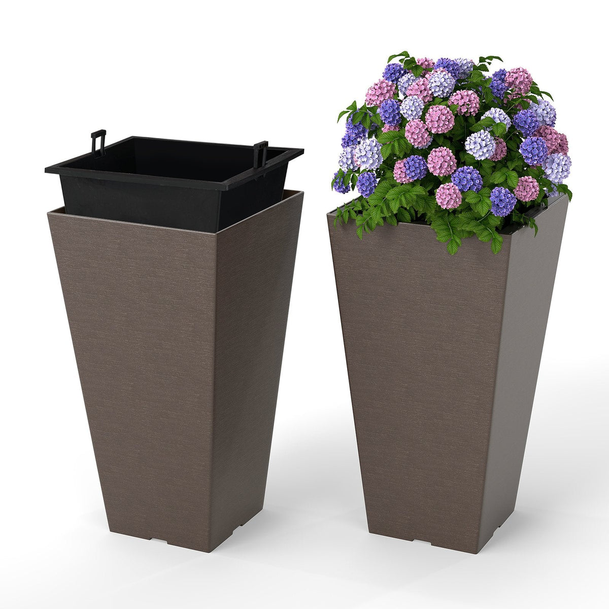 Set of 2 Square Taper Planter with Removable Inner Bucket and Optional Drainage Hole-M