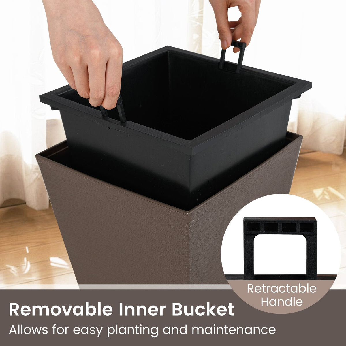 Set of 2 Square Taper Planter with Removable Inner Bucket and Optional Drainage Hole-M
