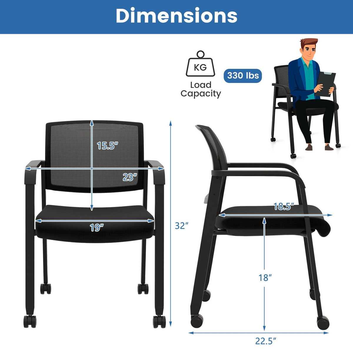 Set of 2 Stackable Rolling Office Chairs with Mesh Backrest-Black