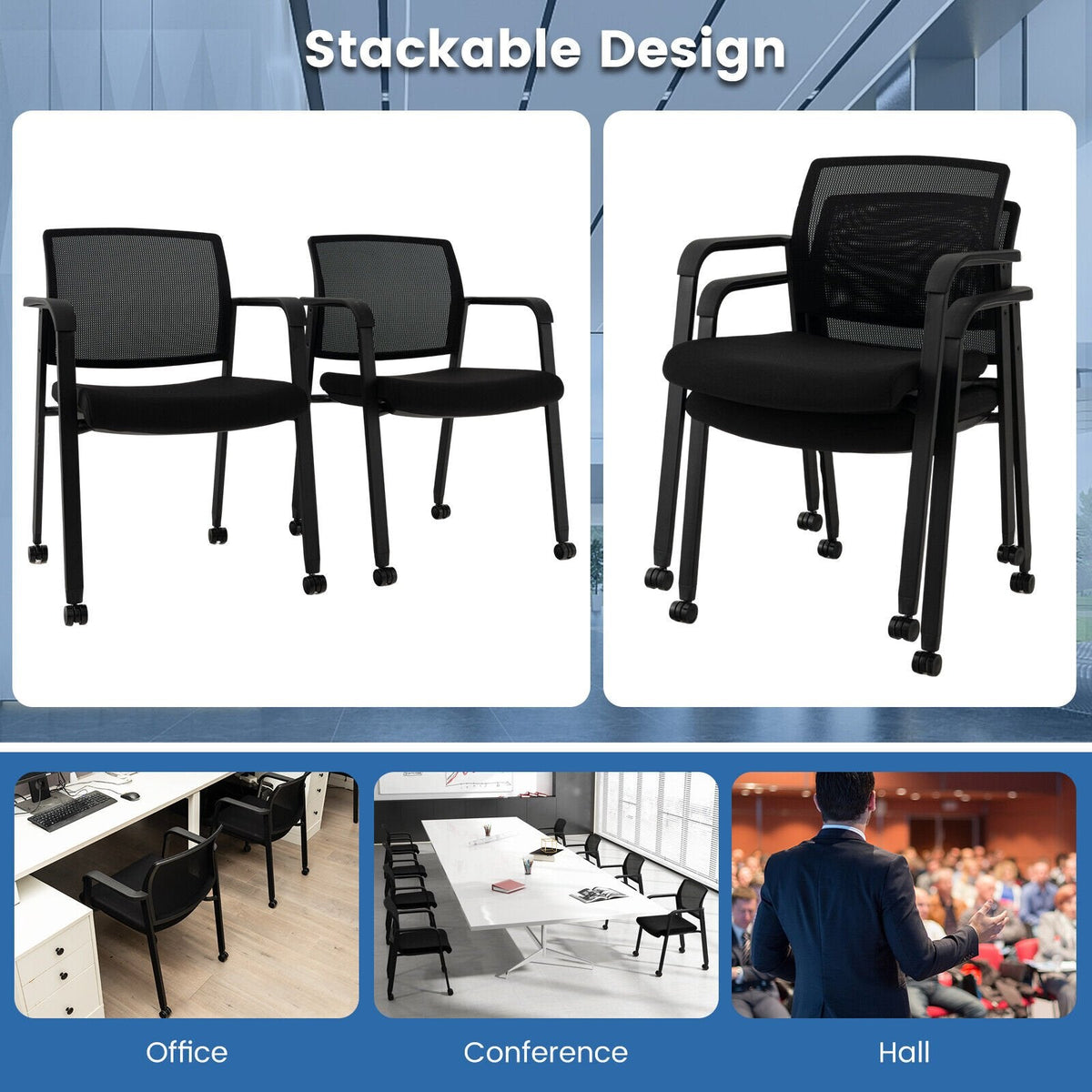 Set of 2 Stackable Rolling Office Chairs with Mesh Backrest-Black