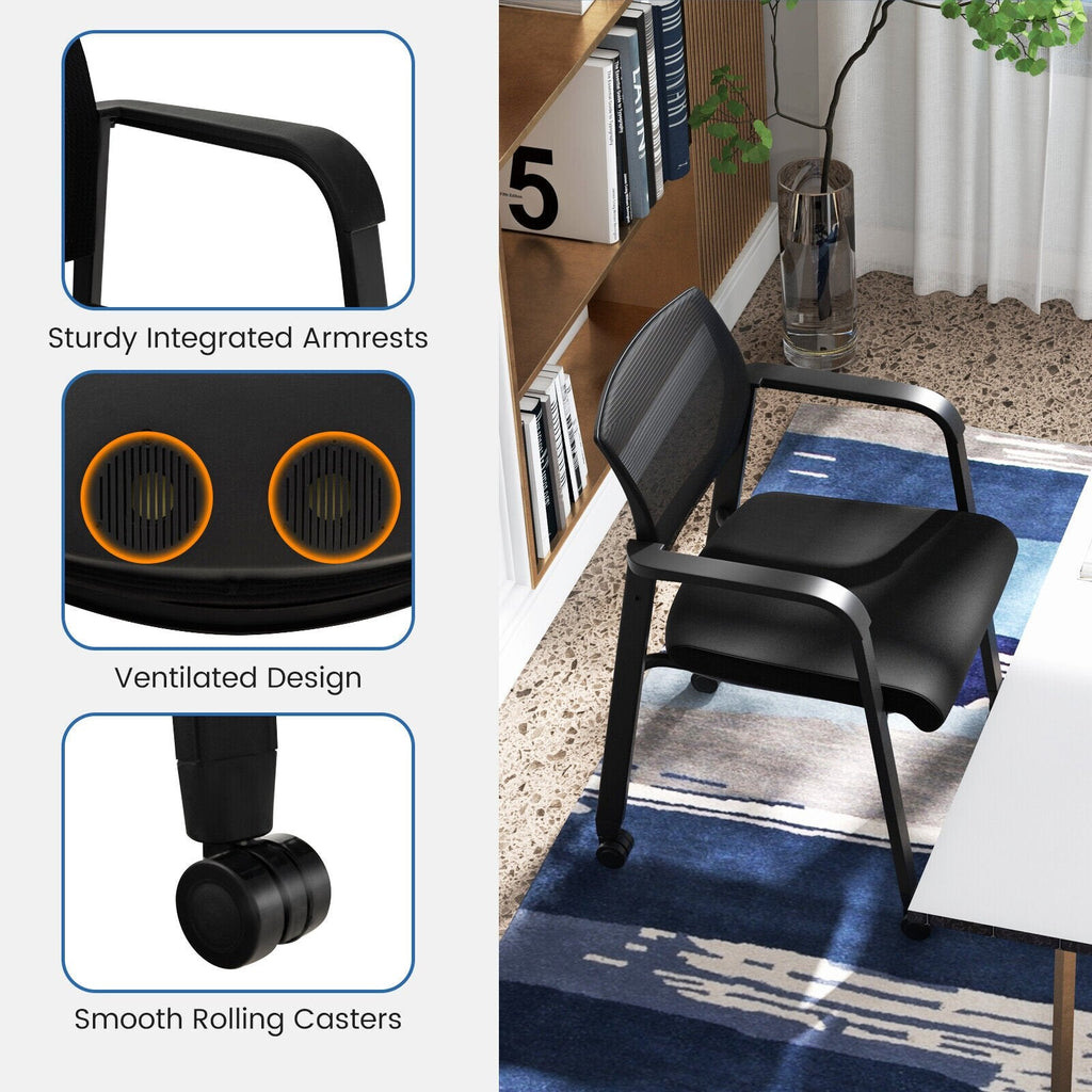 Set of 2 Stackable Rolling Office Chairs with Mesh Backrest-Black