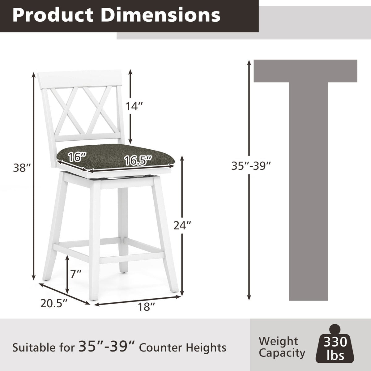 Set of 2 Swivel Counter Stools with White Cross Backs and Linen Seats, 24 Inch