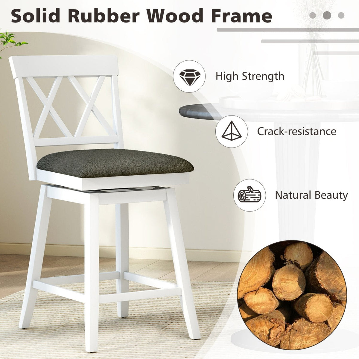 Set of 2 Swivel Counter Stools with White Cross Backs and Linen Seats, 24 Inch
