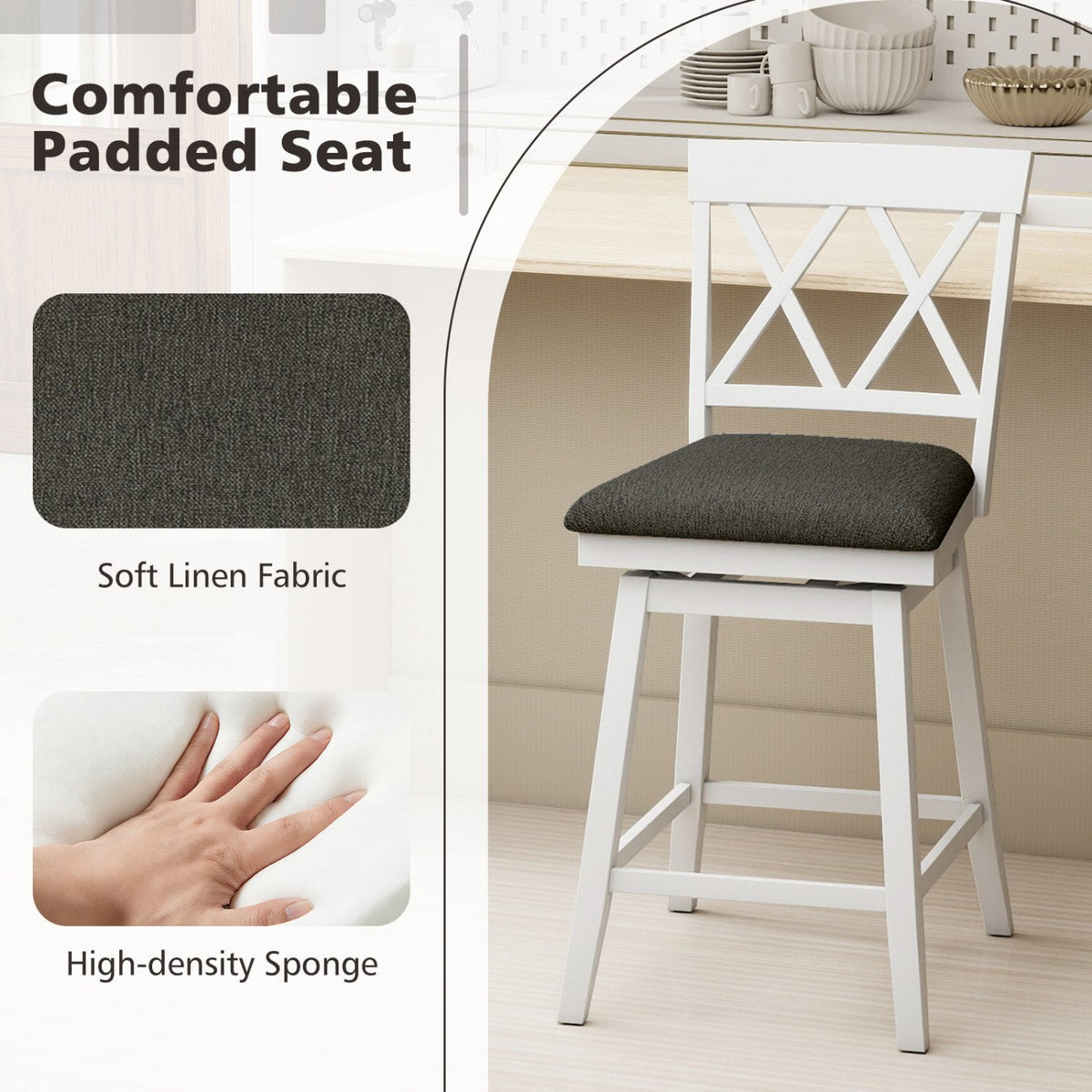 Set of 2 Swivel Counter Stools with White Cross Backs and Linen Seats, 24 Inch