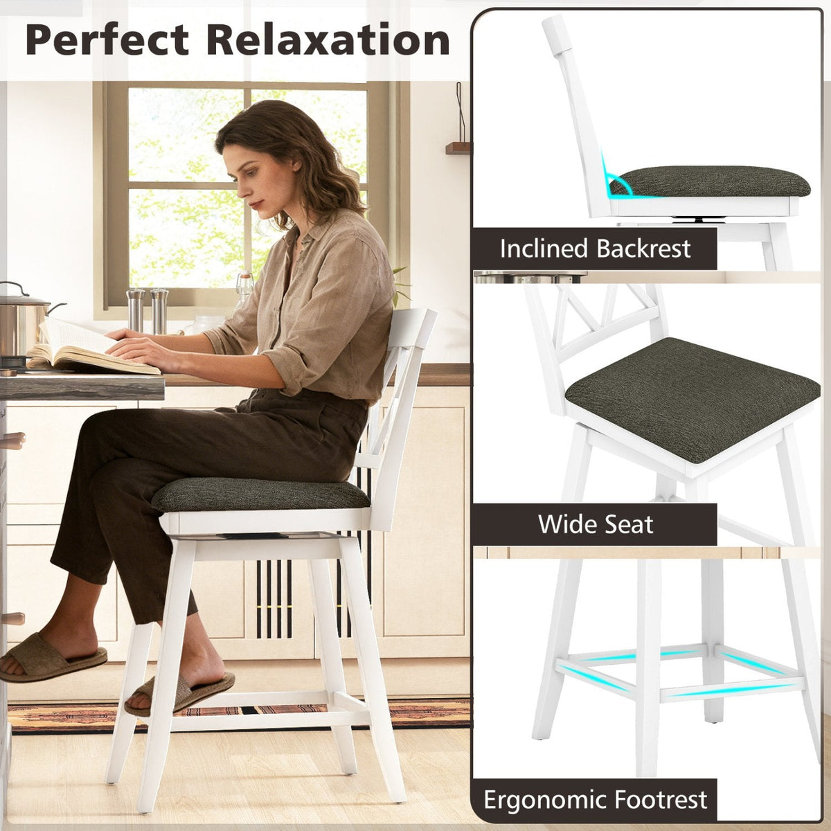 Set of 2 Swivel Counter Stools with White Cross Backs and Linen Seats, 24 Inch