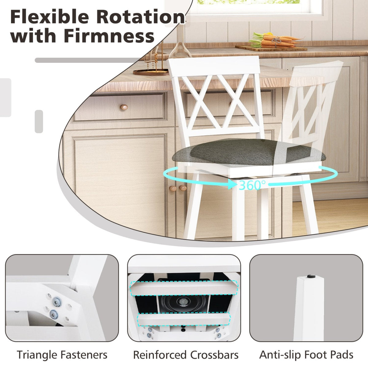 Set of 2 Swivel Counter Stools with White Cross Backs and Linen Seats, 24 Inch